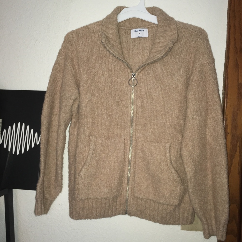 old navy tan fuzzy zip up sweatshirt jacket